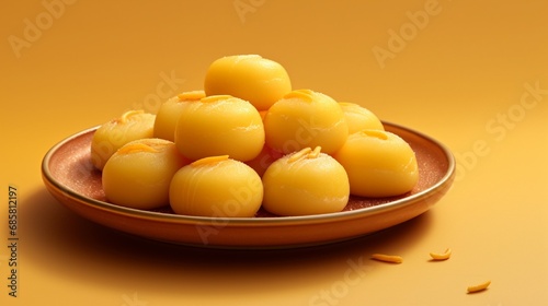A plate of delicate Peda, with their unique shape and texture, set against a solid saffron-colored background for a traditional sweets ad.