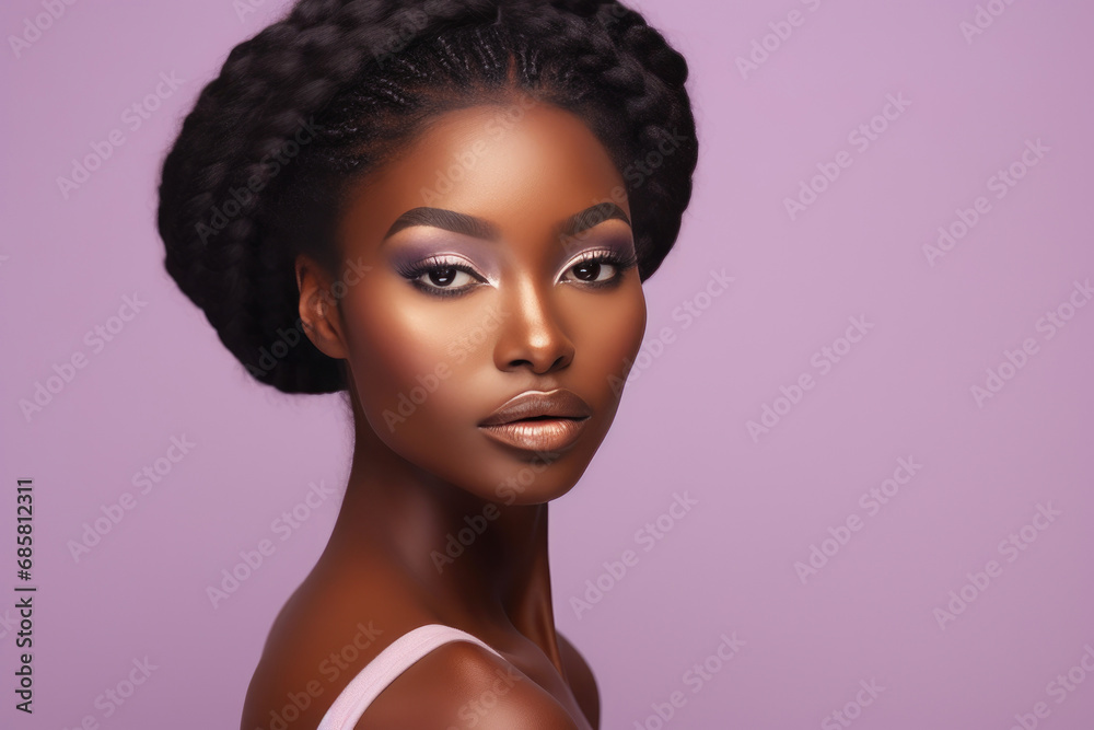 Ethereal Charm: Dark-skinned Model on Lavender Backdrop Ethereal Charm: Dark-skinned Model on Lavender Backdrop