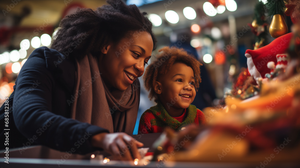 African-American Mother and son looking at Christmas decorations at counter on outdoors Christmas fair, shopping on city Christmas market, closeup photo of family, choosing gifts and for Christmas African-American Mother and son looking at Christmas decorations at counter on outdoors Christmas fair, shopping on city Christmas market, closeup photo of family, choosing gifts and for Christmas