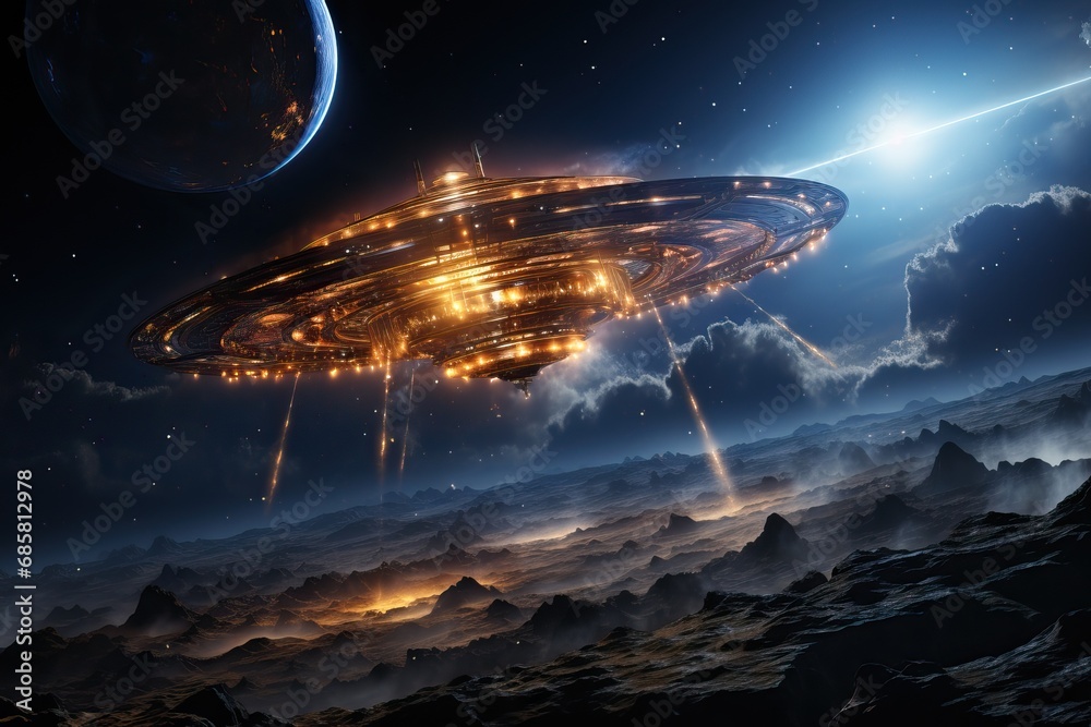UFO in space. Abstract image of a flying saucer, expansion of the planet. UFO in space. Abstract image of a flying saucer, expansion of the planet.