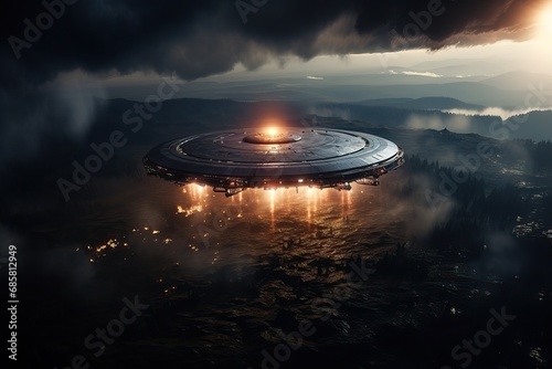 UFO over night city. Abstract image of a flying saucer, expansion of the planet.