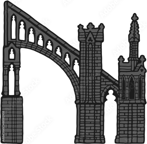 Gothic flying buttress stylized drawing. Architectural stone support; european medieval cathedral/church piers illustration, vector
