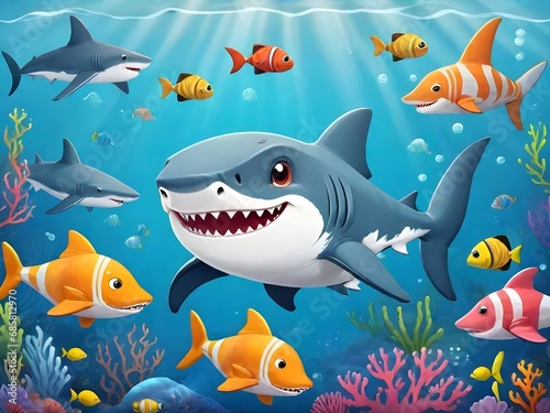 Cute shark illustration. Sea bottom with fish animal creatures. Generative AI