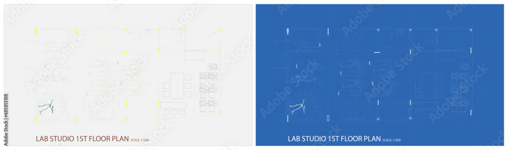 Set of 2 architectural floor plan drawings of lab studio in modern, new and old styles, pastel colors. Template background of blueprint drafting paper by vector 