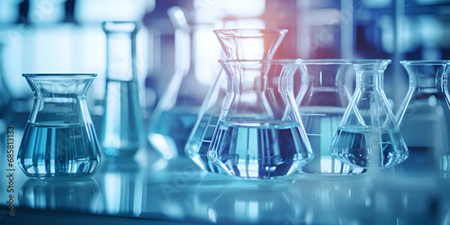 Concept of science and research with laboratory accessories ,Full flasks in a chemical laboratory ,Researchers are using glassware and blue solutions in laboratories, research generative ai