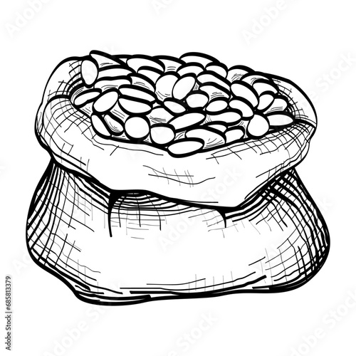 Bag of cocoa bean seeds drawn with sulfur outline. Flat doodle style. Vector illustration.