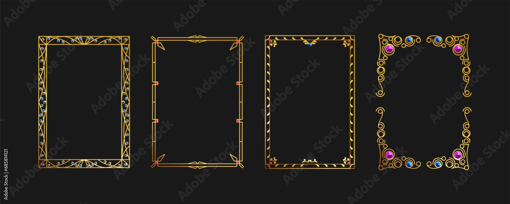 Gold engraved frame inlaid with jewelry stones. Gold frame template in A4 format. Isolated vector set of frames. Abstract geometry, decorative golden frame mockup with pattern. Diploma, certificate. - obrazy, fototapety, plakaty 