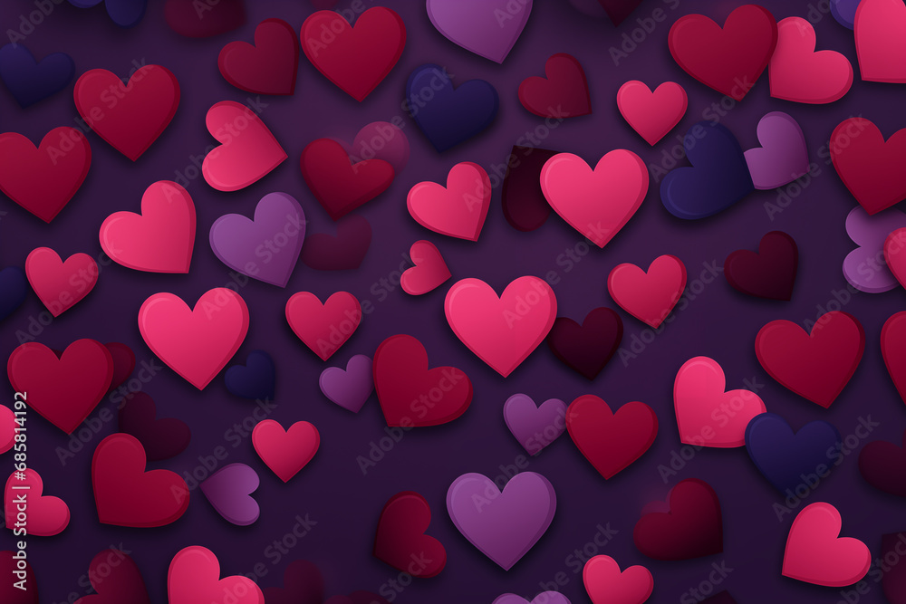 Purple, red, pink hearts pattern background. Valentine's Day card.