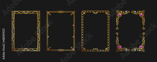 Gold engraved frame inlaid with jewelry stones. Gold frame template in A4 format. Isolated vector set of frames. Abstract geometry, decorative golden frame mockup with pattern. Diploma, certificate.
