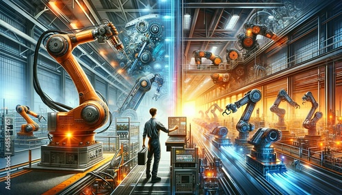 Image capturing the essence of industrial automation and human-machine collaboration. One side should depict a technician working 