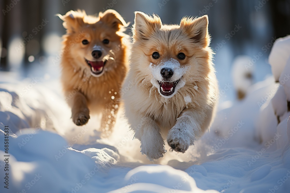 Two joyful dogs playing in the snow, clearly excited Two joyful dogs playing in the snow, clearly excited