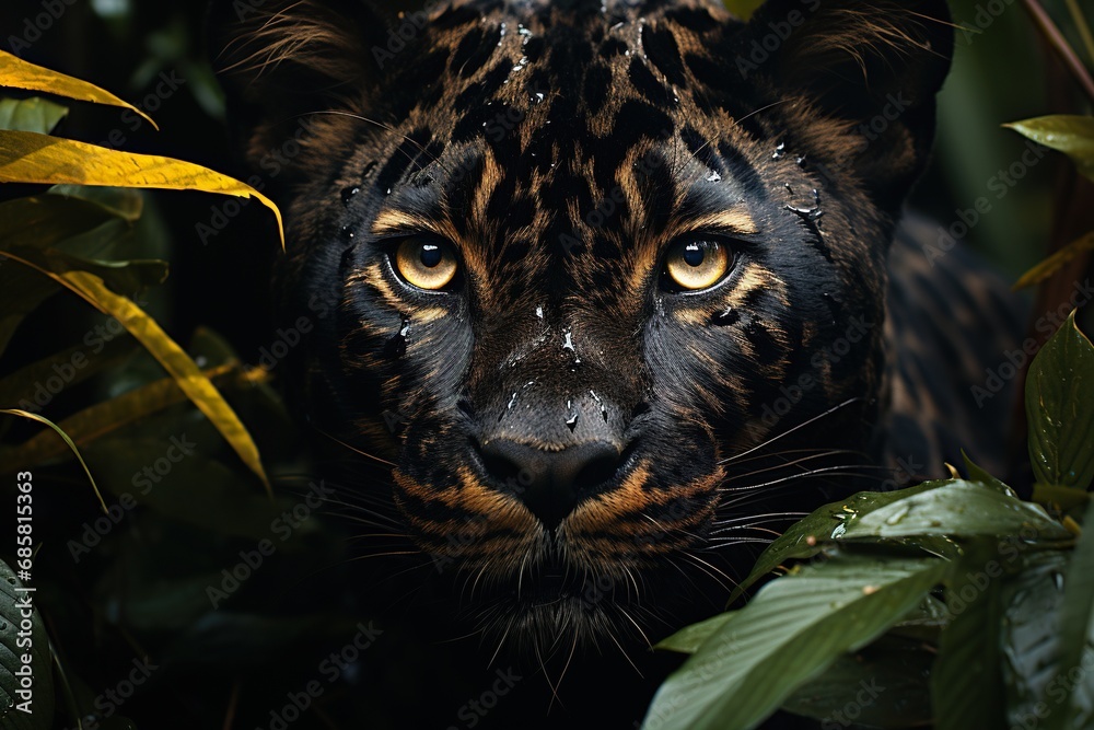 Black leopard with leaves in forest Generative AI