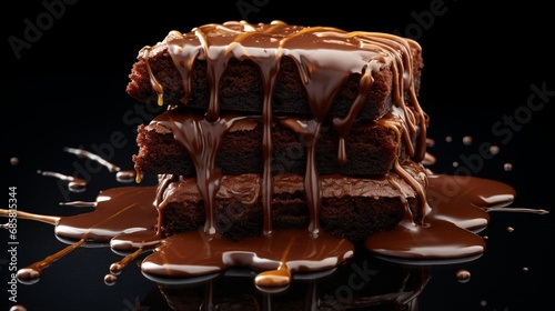 A stack of fudgy brownies with a glossy chocolate glaze  set against a solid black background for an elegant and luxurious ad.