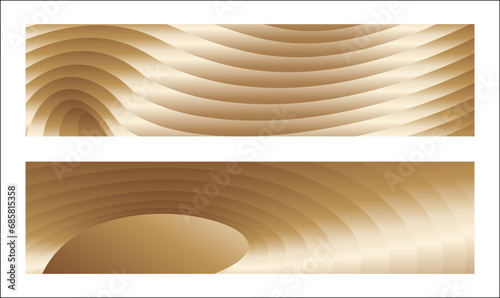 Wavy golden parallel gradient lines, ribbons, silk. Golden with shades of yellow background, banner, poster. Set of 2 backgrounds. Eps vector