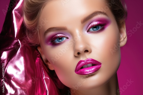 Beautiful woman with pink makeup. Young model girl. Fashion and beauty concept.