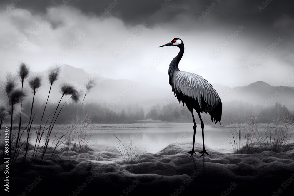 Crane bird in misty waterscape with mountain silhouette background - obrazy, fototapety, plakaty 