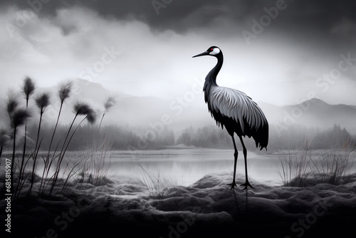 Crane bird in misty waterscape with mountain silhouette background photo