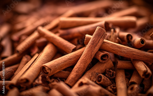 Cinnamon sticks closeup background, design for menu, cafe, restaurant, delivery. Space for text photo