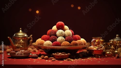 A variety of Pakistani sweetmeats, including Laddu, Burfi, and more, artfully arranged, set against a solid maroon background for a festive ad. © ImageFusion