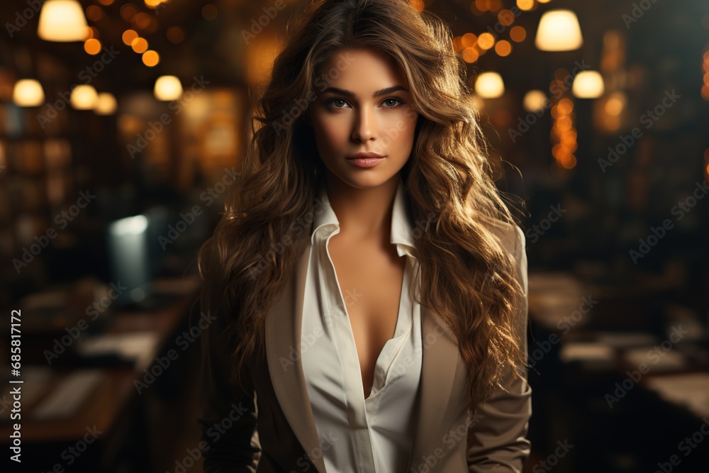 Picture of Beautiful business woman adult girl curly hair on bokeh background Generative AI