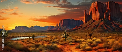 Panorama of Monument Valley at sunset in desert. Arabic Concept. photo