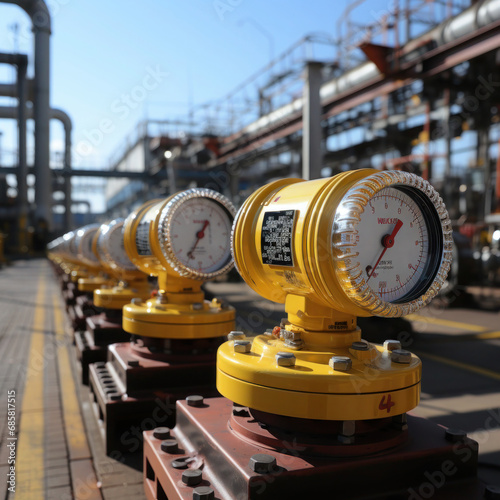 Measurement instrument for gas pressure. Yellow pressure gauge mounted on pipeline.