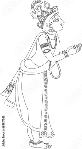 Lord Krishna in Indian mythology. Wall painting in Rajasthan India. Kalamkari. for a coloring book, textile fabric prints, phone case, greeting card. logo, calendar	
