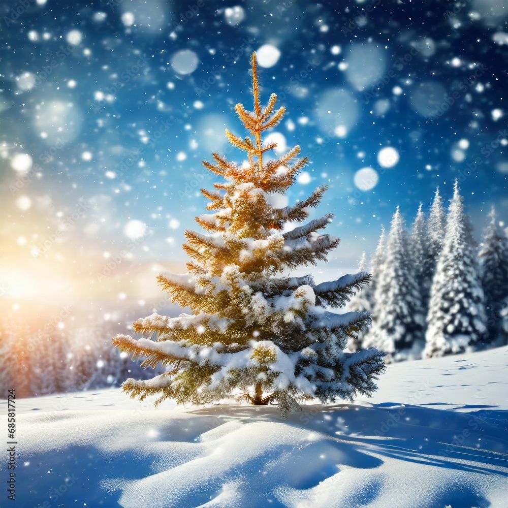Christmas fir tree in snowy winter landscape
