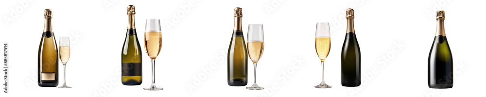A series of five high-resolution images showcasing champagne bottles and flutes in various levels of fullness, against a transparent background, perfect for celebrations and promotions A series of five high-resolution images showcasing champagne bottles and flutes in various levels of fullness, against a transparent background, perfect for celebrations and promotions