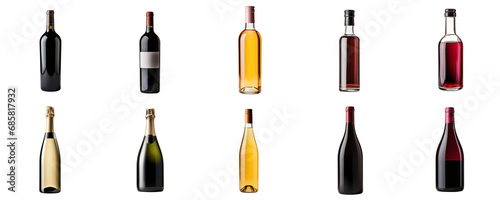 Assorted collection of wine and champagne bottles isolated on a transparent background, depicting variety in wine industry packaging