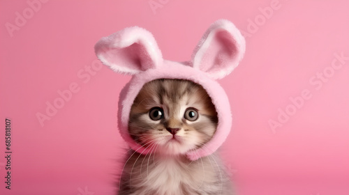 Bright Easter. A kitten with pink bunny ears on a pink background. Easter.