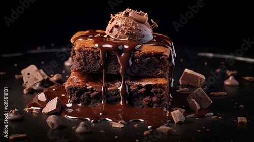 A warm, gooey chocolate brownie with melted chocolate chips on top, set against a solid dark chocolate background for a rich ad appeal.