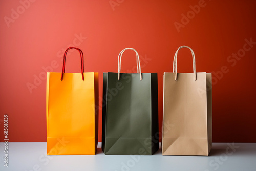 shopping bags on a light red background with copy space