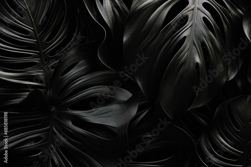 Black monstera leaves abstract background. Nature texture leaf black and white template. Flat lay. Dark nature concept