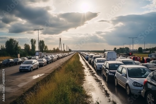 Crowded roads filled with a line of car vehicles, people fleeing a city. A poignant image illustrating social issues the concept of mass evacuation, refugees escaping war or disaster. photo