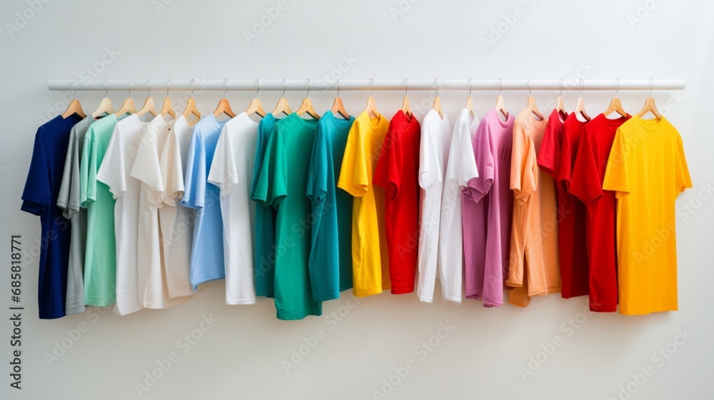An impeccable photograph capturing the essence of colorful t-shirts on a solid white backdrop, a delightful visual treat.