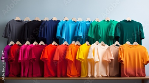 An eye-catching display of vividly colored t-shirts on a clean, white surface, an ideal representation of diversity and vibrancy.