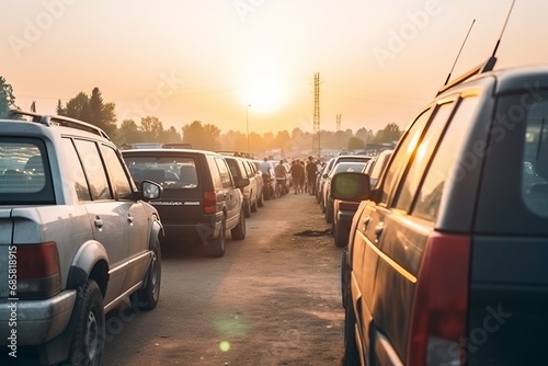 Crowded roads filled with a line of car vehicles, people fleeing a city. A poignant image illustrating social issues the concept of mass evacuation, refugees escaping war or disaster.