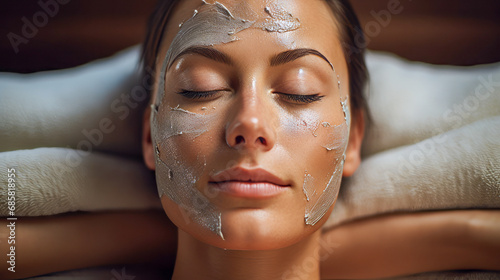 An adult woman with a silver facial peel-off mask rests peacefully during a skincare treatment  her face expressing complete relaxation in a spa environment.