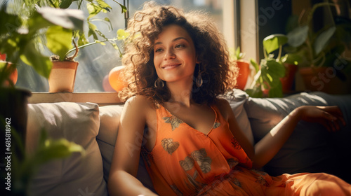 A serene young woman with curly hair lounges in a sunlit room, surrounded by an array of lush houseplants, exuding a relaxed ambiance.