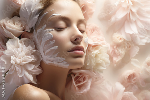 woman in beauty photoshoot skincare cream on face   floral background