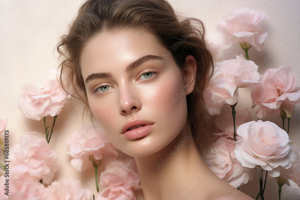 woman in beauty photoshoot floral background woman in beauty photoshoot floral background
