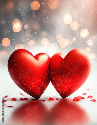 illustrazione di 2 cuori rossi con ombra su sfondo sfocato e bokeh per la festa di San Valentino