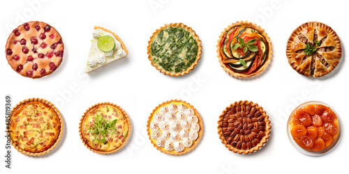 Collection of different pies: spinach ricotta pie, key lime pie slice, cherry clafoutis, succulent quiche lorraine, ratatouille tartlet, samosa pastry, banoffee pie, tourtière section isolated

