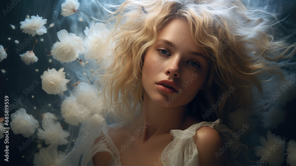 woman in beauty photoshoot floral background woman in beauty photoshoot floral background