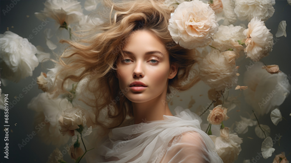 woman in beauty photoshoot floral background woman in beauty photoshoot floral background