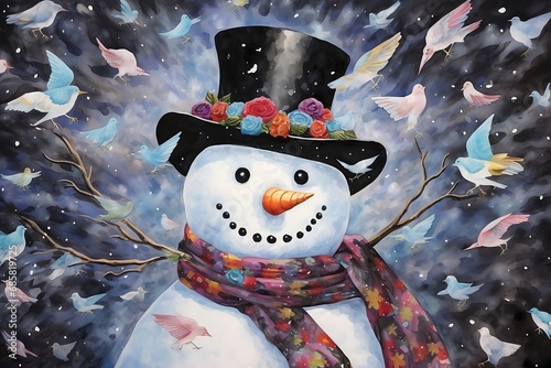 colorful snowman on the snow