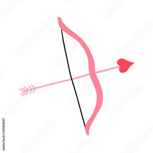 Hand drawn bow and arrow with heart, cartoon flat vector illustration isolated on white background. Valentines day symbol. Concept of love and Cupid.
