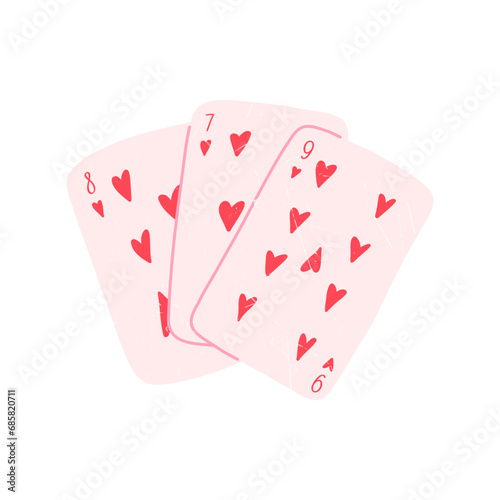 Hand drawn playing cards, flat vector illustration isolated on white background. Hearts cards as symbol of love and Valentines day. Drawing with grunge texture.