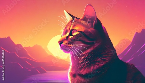 gatto tigrato in primo piano su sfondo tramonto effetto synthwave con toni caldi generato con ai photo